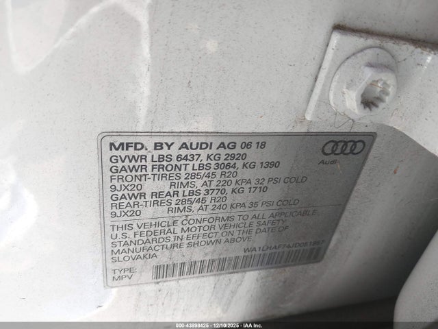 43898425 :رقم المزاد ، WA1LHAF74JD051957 vin ، 2018 Audi Q7 2.0t Premium مزاد بيع