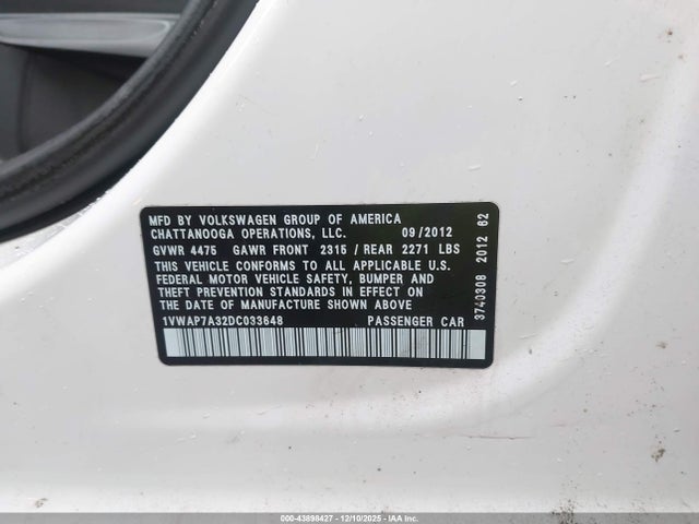 2013 Volkswagen Passat S მანქანა იყიდება აუქციონზე, vin: 1VWAP7A32DC033648, აუქციონის ნომერი: 43898427