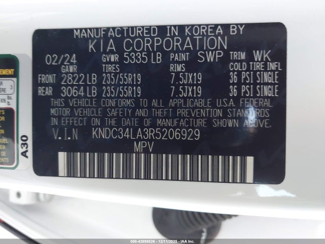 KNDC34LA3R5206929 KIA Ev6 Light/wind