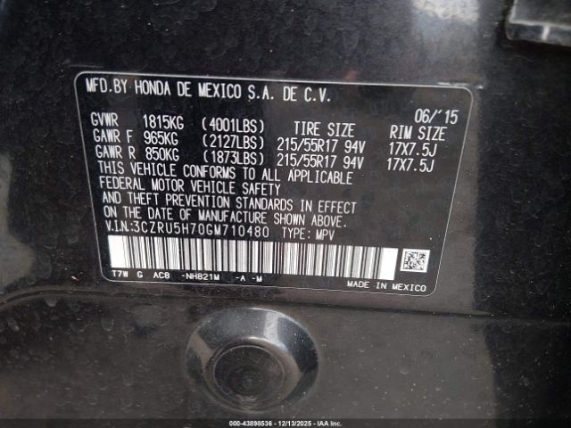 2016 HONDA HR-V 3CZRU5H70GM710480 Photo 8