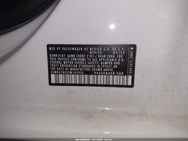 43898640 :رقم المزاد ، 3VW5X7BU3SM103324 vin ، 2025 Volkswagen Jetta 1.5t S مزاد بيع