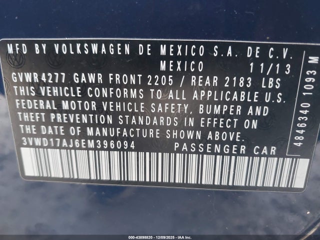 43898820 :رقم المزاد ، 3VWD17AJ6EM396094 vin ، 2014 Volkswagen Jetta 1.8t Se مزاد بيع
