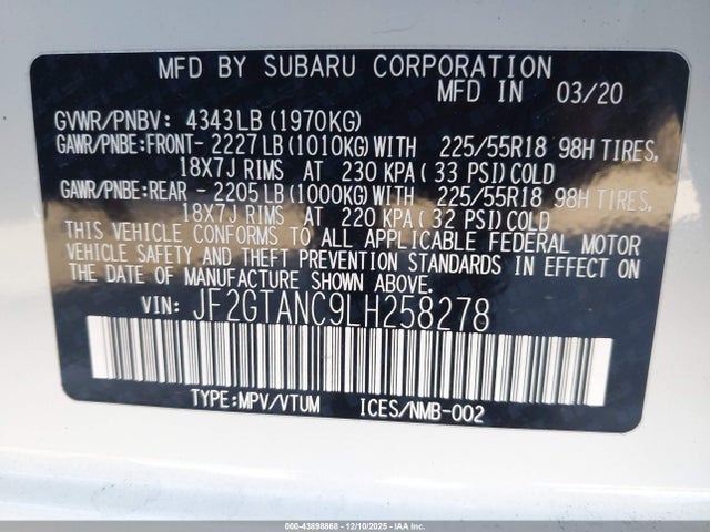 JF2GTANC9LH258278 Subaru Crosstrek Limited