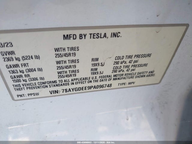 Продаж на аукціоні авто 2023 Tesla Model Y, vin: 7SAYGDEE9PA096748, номер лоту: 43898883