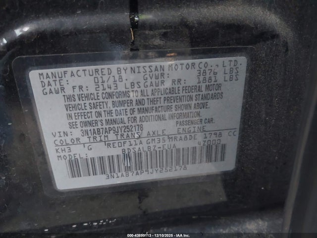 Продаж на аукціоні авто 2018 Nissan Sentra S, vin: 3N1AB7AP9JY252178, номер лоту: 43899113