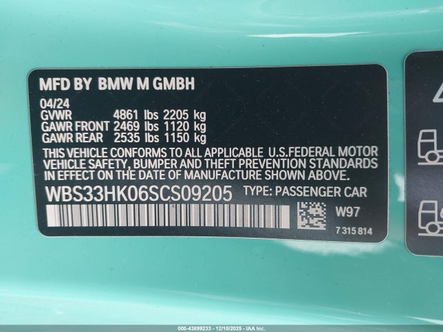 Продажа на аукционе авто 2025 Bmw M4 Competition Xdrive, vin: WBS33HK06SCS09205, номер лота: 43899233