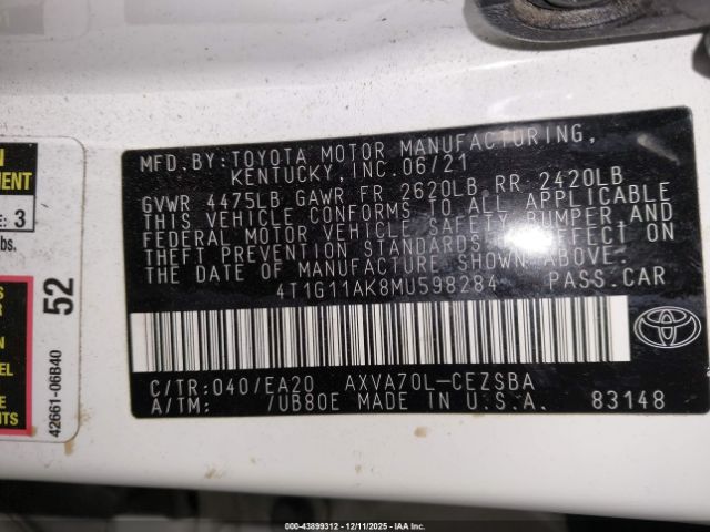 2021 TOYOTA CAMRY 4T1G11AK8MU598284 Photo 8