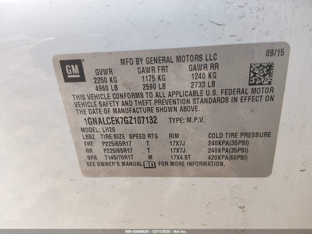 1GNALCEK7GZ107132 Chevrolet EQUINOX LT