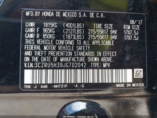 3CZRU5H39JG702042 Honda HR-V LX