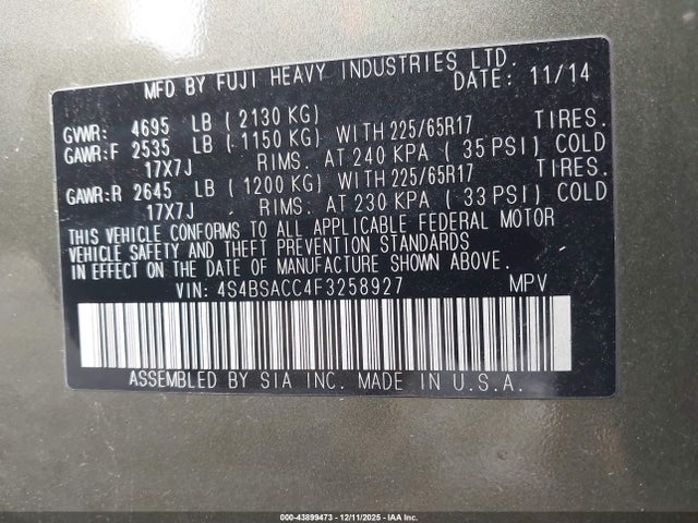 Subaru Outback 2.5i Premium 2015 4S4BSACC4F3258927 Image 9