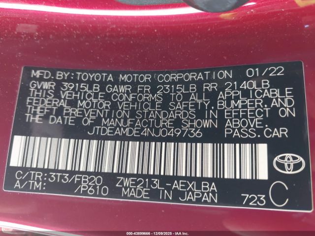 2022 TOYOTA COROLLA JTDEAMDE4NJ049736 Photo 8