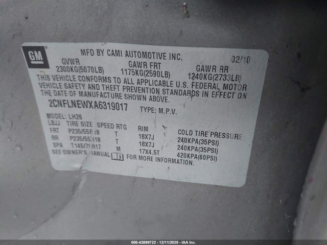 2010 Chevrolet Equinox Lt მანქანა იყიდება აუქციონზე, vin: 2CNFLNEWXA6319017, აუქციონის ნომერი: 43899722