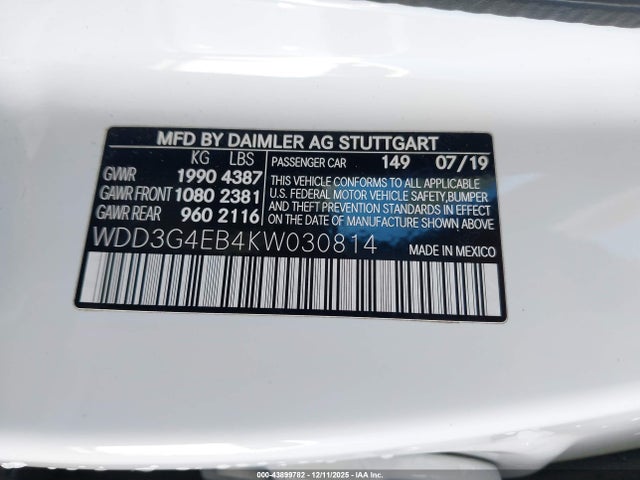 43899782 :رقم المزاد ، WDD3G4EB4KW030814 vin ، 2019 Mercedes-benz A 220 مزاد بيع