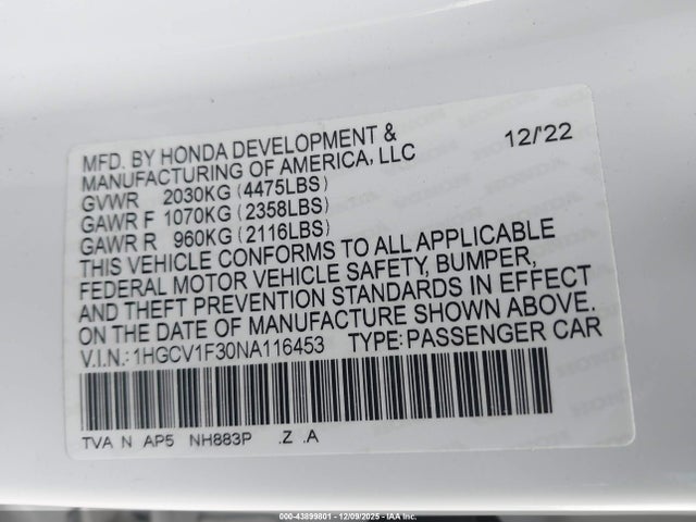 1HGCV1F30NA116453 Honda Accord Sport