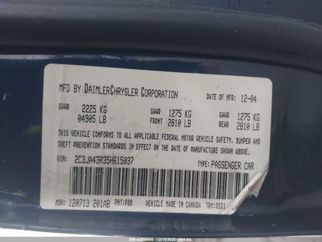 2005 Chrysler 300 მანქანა იყიდება აუქციონზე, vin: 2C3JA43R35H615037, აუქციონის ნომერი: 43899866