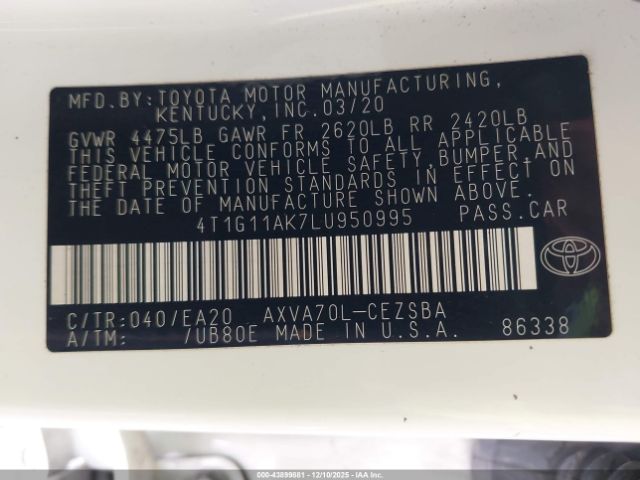 2020 TOYOTA CAMRY 4T1G11AK7LU950995 Photo 8