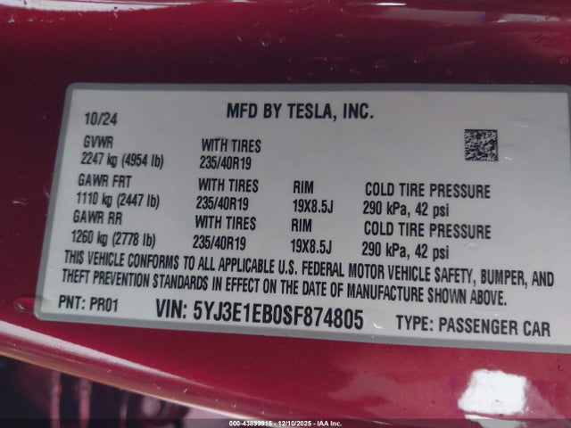 2025 TESLA MODEL 3 5YJ3E1EB0SF874805 Photo 8