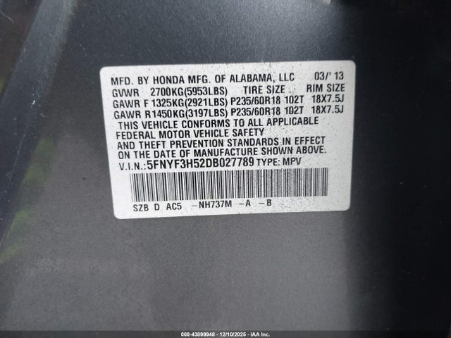 2013 Honda Pilot Ex-l მანქანა იყიდება აუქციონზე, vin: 5FNYF3H52DB027789, აუქციონის ნომერი: 43899948