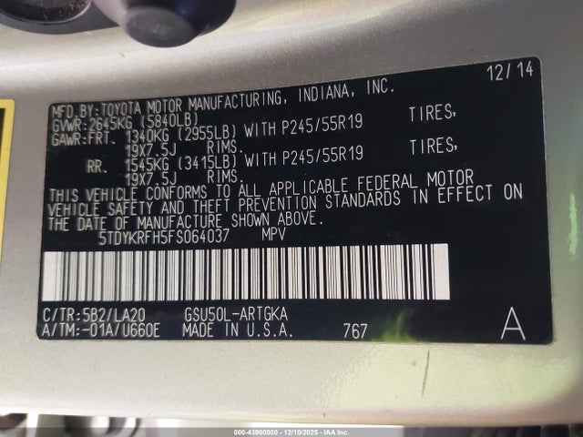Toyota Highlander Limited V6 2015 5TDYKRFH5FS064037 Image 9
