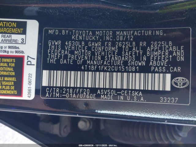 2012 TOYOTA CAMRY 4T1BF1FK2CU151081 Photo 8