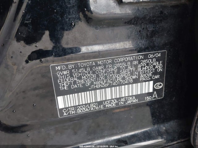 2004 LEXUS LS 430 JTHBN36F740170478 Photo 8