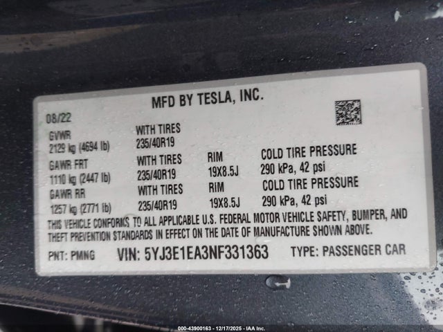 2022 TESLA MODEL 3 5YJ3E1EA3NF331363 Photo 8