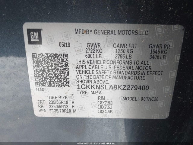 Aukcja sprzedaży 2019 Gmc Acadia Sle-2, vin: 1GKKNSLA9KZ279400, numer aukcji: 43900220