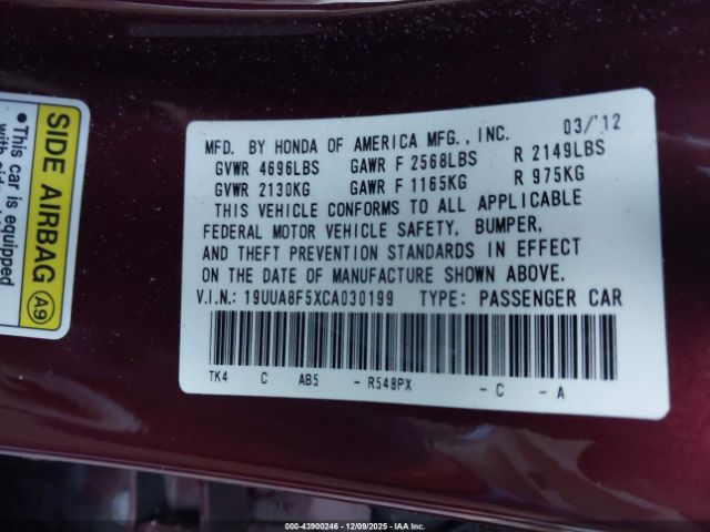 2012 ACURA TL 19UUA8F5XCA030199 Photo 8