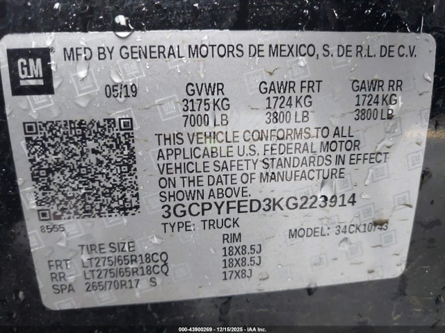 3GCPYFED3KG223914 Chevrolet Silverado 1500 Lt Trail Boss