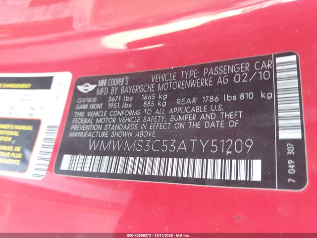2010 MINI COOPER S WMWMS3C53ATY51209 Photo 8