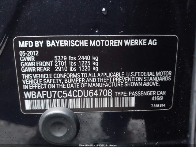 Продаж на аукціоні авто 2012 Bmw 535i Xdrive, vin: WBAFU7C54CDU64708, номер лоту: 43900285