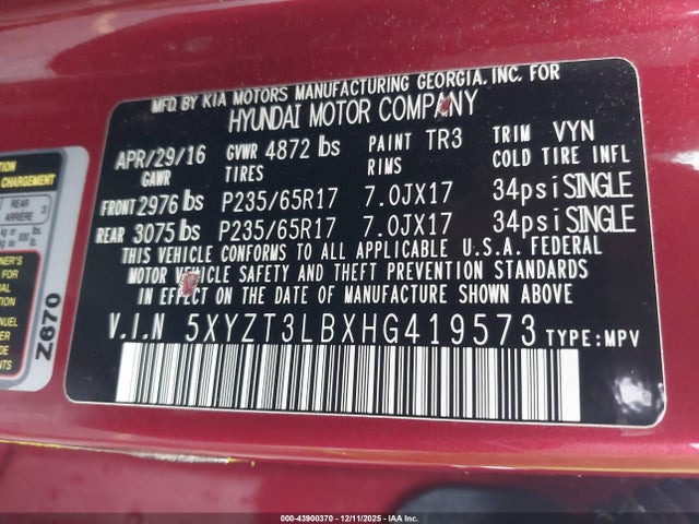 5XYZT3LBXHG419573 Hyundai Santa Fe Sport 2.4l