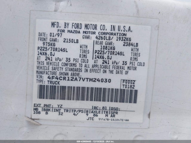 43900445 :رقم المزاد ، 4F4CR12A7VTM24030 vin ، 1997 Mazda B2300 Se مزاد بيع