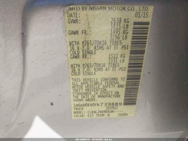 43900479 :رقم المزاد ، 1N6AD0EV0FN739889 vin ، 2015 Nissan Frontier مزاد بيع