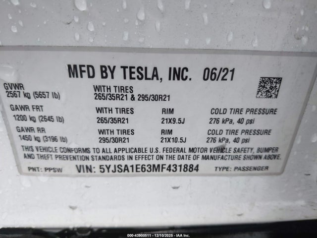 5YJSA1E63MF431884 Tesla Model S Plaid Tri Motor All-wheel Drive