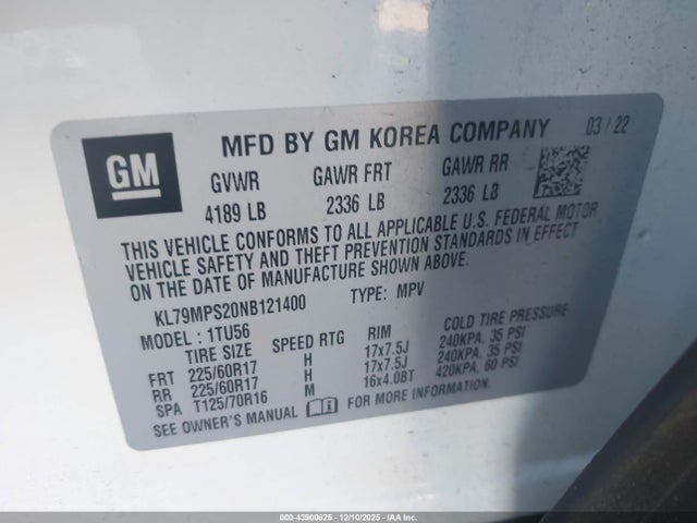 KL79MPS20NB121400 Chevrolet Trailblazer Fwd Lt