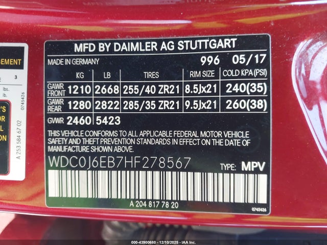 WDC0J6EB7HF278567 Mercedes-Benz Amg Glc 43 Coupe 4matic