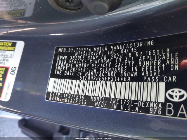 Toyota Corolla Le Plus 2015 5YFBURHE9FP314469 Image 9