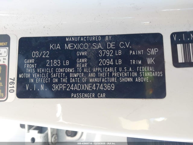 3KPF24ADXNE474369 KIA Forte Lxs