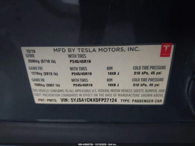 2013 TESLA MODEL S 5YJSA1CNXDFP27124 Photo 8