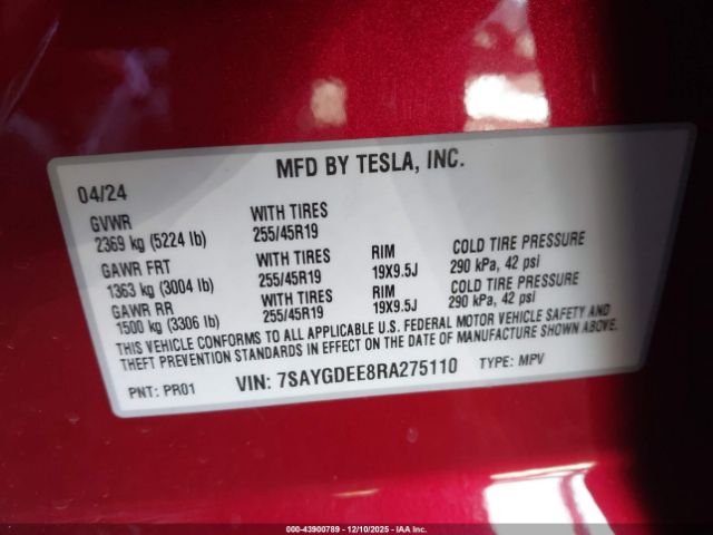 2024 TESLA MODEL Y 7SAYGDEE8RA275110 Photo 8