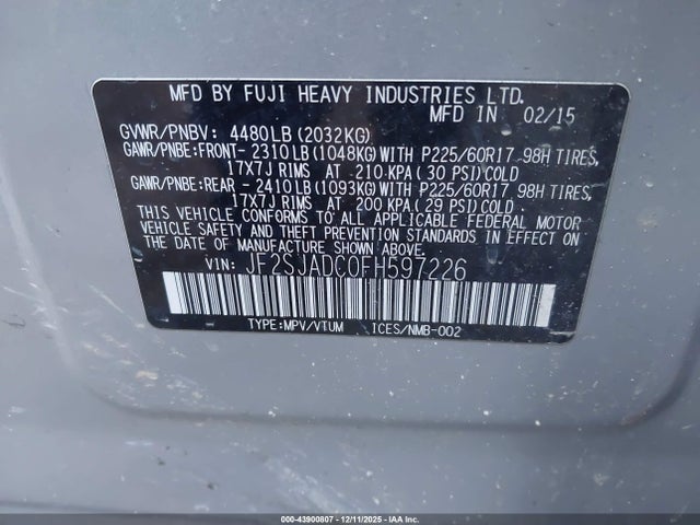 2015 Subaru Forester 2.5i Premium მანქანა იყიდება აუქციონზე, vin: JF2SJADC0FH597226, აუქციონის ნომერი: 43900807