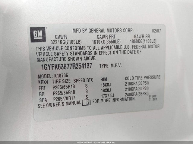 2007 CADILLAC ESCALADE 1GYFK63877R354137 Photo 8