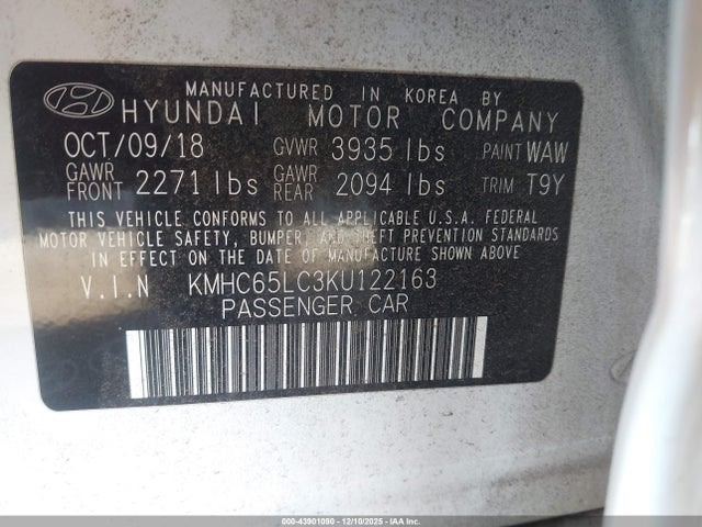 KMHC65LC3KU122163 Hyundai Ioniq Hybrid Blue