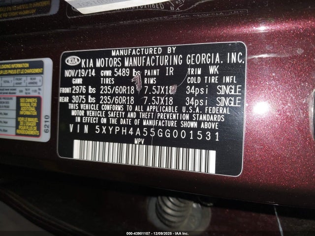 5XYPH4A55GG001531 KIA Sorento 3.3l Ex