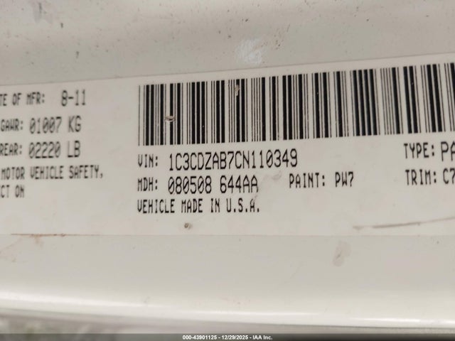 2012 Dodge Avenger Se მანქანა იყიდება აუქციონზე, vin: 1C3CDZAB7CN110349, აუქციონის ნომერი: 43901125
