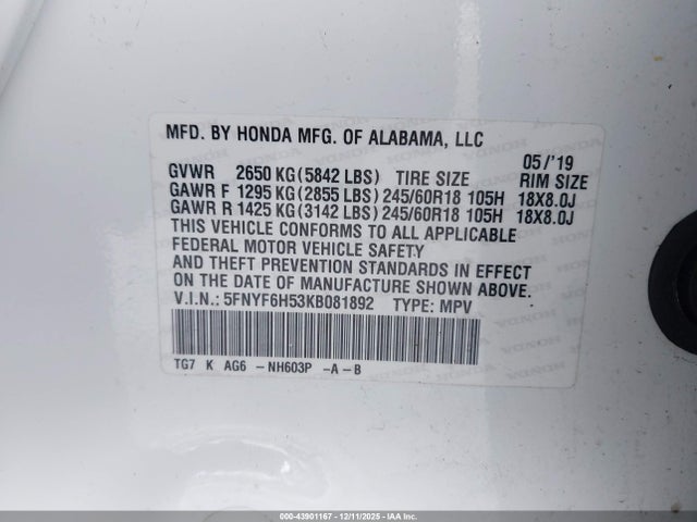 5FNYF6H53KB081892 Honda Pilot Ex-l