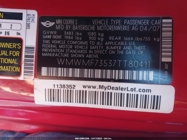 2007 MINI COOPER S WMWMF73537TT80411 Photo 8