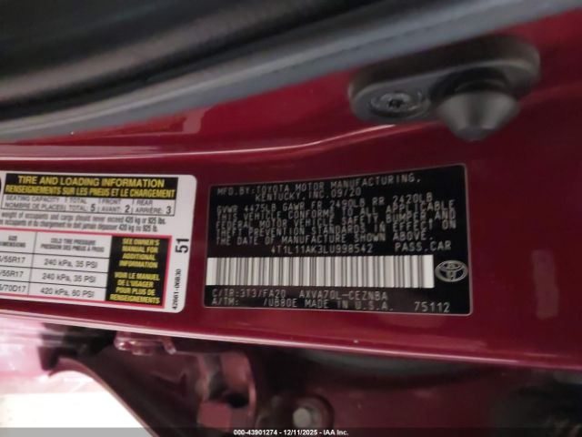 2020 TOYOTA CAMRY 4T1L11AK3LU998542 Photo 8