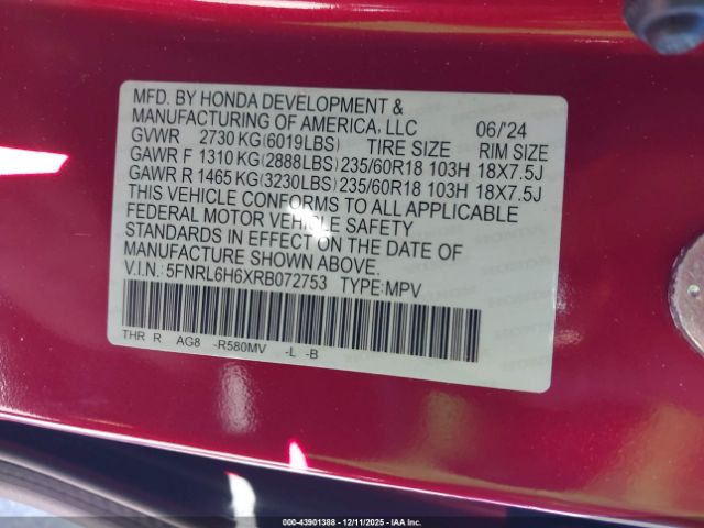 2024 HONDA ODYSSEY 5FNRL6H6XRB072753 Photo 8